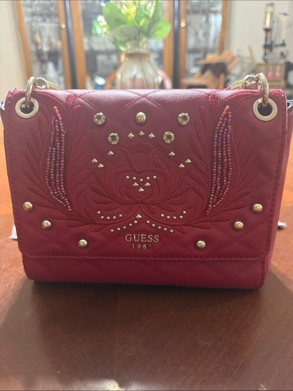 GUESS Red Quilted Shoulder Bag with Bead & Stud Embellishments